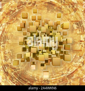 Flying golden cubes on an abstract background. 3d rendering Stock Photo
