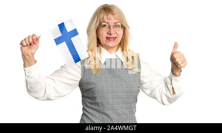 Like Finnish! Mature happy woman in glasses with the flag of Finland shows thumb up, the sign is excellent on a white background. Great, Europe. Stock Photo