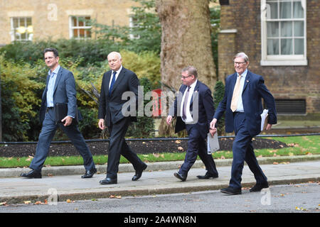 (left to right) Chairman of the European Research Group Steve Baker, Iain Duncan Smith, Mark Francois and Sir Bill Cash in Downing Street, London. Stock Photo