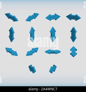 Set of isometric arrows blue color. Double-headed arrows. Vector illustration. Stock Vector