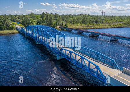 Aerial view of blue truss bridge connecting Florida and Georgia. Stock Photo
