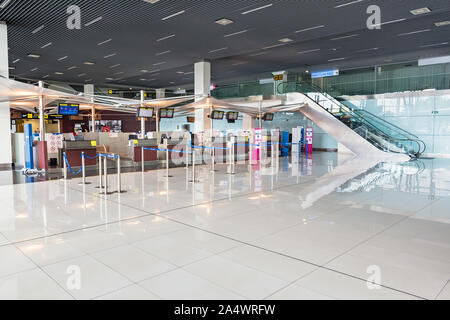 BRATISLAVA, SLOVAKIA – OCTOBER 6 2019: Empty check-in area of Departure hall of Bratislava airport terminal (Slovakia) Stock Photo