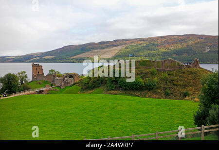 A view of the ruins of Urquhart Castle overlooking Loch Ness, Scotland, United Kingdom, Europe. Stock Photo