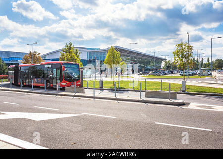 BRATISLAVA, SLOVAKIA – OCTOBER 6 2019: Public bus No. 61 leaves Bratislava airport (Slovakia) Stock Photo