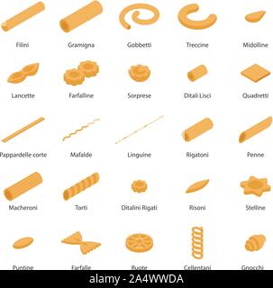Fusilli pasta icons set, isometric style Stock Vector