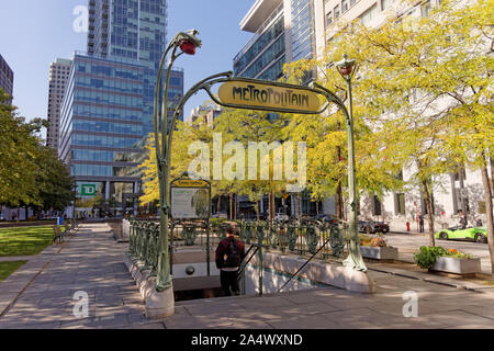 Ornate Art Nouveau entrance to the Square Victoria OACI metro station in Victoria Square,  Montreal, Quebec, Canada Stock Photo