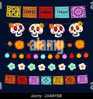 Set of Dia de los Muertos, Mexican Day of the Dead garlands with lights, bunting flags, papel picado, marigold and ornamental skulls. Collection of Stock Vector
