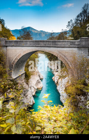 Napoleon Bridge Over River Soca in Slovenia at Fall. Stock Photo