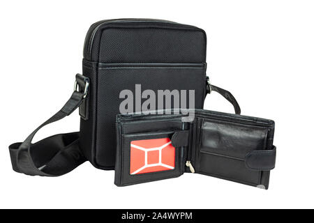 Small men's bag with a wallet on a white background. Isolate, close up. Stock Photo