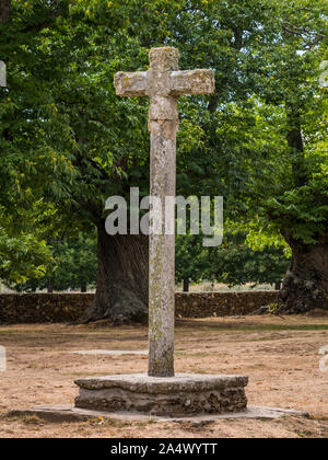 Wayside cross at La Alcobilla Chapel in a garden of ancient sweet chestnut trees, Sanabria, Zamora, Spain Stock Photo