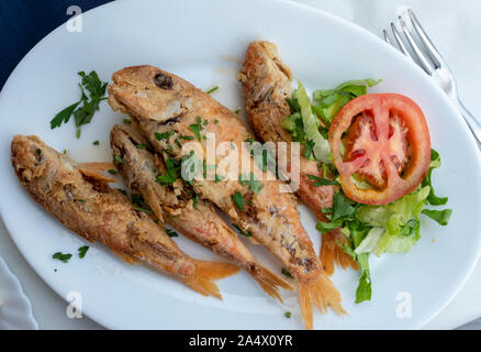 Grilled Red Mullet on a plate at the Kanalli Seafood Tavern, Pomos, Cyprus. Stock Photo