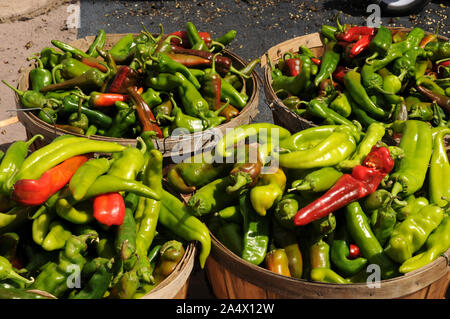 Chilis for sale on Santa Fe's Saturday Farmers' Market. The market is also held, seasonally, on other weekdays. It takes place in the Railyard area. Stock Photo