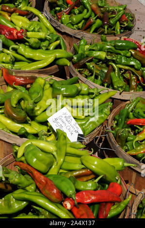 Chilis for sale on Santa Fe's Saturday Farmers' Market. The market is also held, seasonally, on other weekdays. It takes place in the Railyard area. Stock Photo