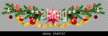 Decorative border with fir and balls Stock Vector