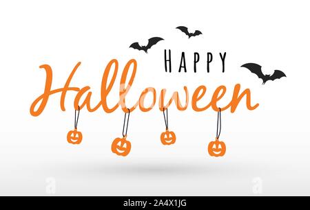 Concept of lettering for halloween party. Logo template of flying bats, greeting text and hanging orange pumpkin heads mascot. Isolated flat vector Stock Vector