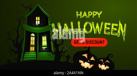 Horrible and dilapidated castle haunted witch's house in the cemetery with scary pumpkin heads, silhouettes of dead trees and grave crosses. Happy Stock Vector