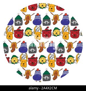 Colorful animal friends collection including walrus, hippo,goat,cat,deer,bear.Cute hand drawn doodles.Good for posters, stickers, cards, alphabet and Stock Vector