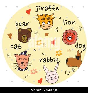Colorful animal friends collection including dog, cat, giraffe, bear, lion, rabbit.Cute hand drawn doodles.Good for posters, stickers, cards, alphabet Stock Vector