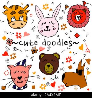 Colorful animal friends collection including dog, cat, giraffe, bear, lion, rabbit.Cute hand drawn doodles.Good for posters, stickers, cards, alphabet Stock Vector
