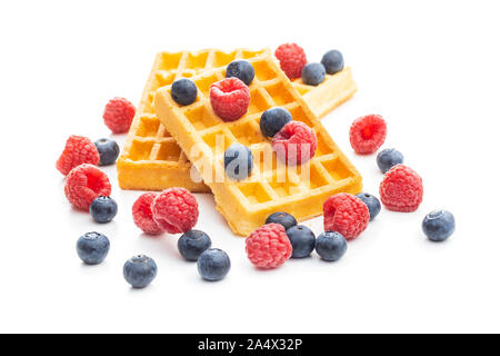 Waffles with blueberries and raspberries isolated on white background. Stock Photo