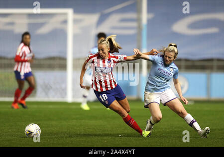 Atletico Madrid Women's Toni Duggan and Manchester City Women's Lauren Hemp (right) battle for the ball during the UEFA Women's Champions League match at The Academy Stadium, Manchester. Stock Photo