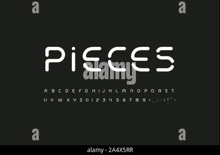 Pieces of line, futuristic sleek letters and numbers set. Modern creative alphabet. Minimalistic font for logo and monogram. Vector typography design. Stock Vector