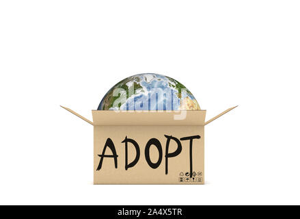 3d rendering of globe in the cardboard open box with an inscription saying adopt on white background Stock Photo