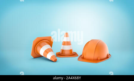 3d rendering of two striped road cones and helmet on blue background. Stock Photo