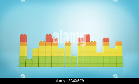 3d rendering of multi-colored toy bricks making up high uneven towers or graphs on blue background. Stock Photo