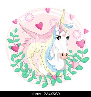beautiful unicorn card, unicorn head inside a frame of hearts Stock Vector
