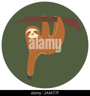 Cute colorful character design with funny sloth hanging on the tree. Adorable cartoon animal illustration. Vector cute baby sloth for greeting card, i Stock Vector