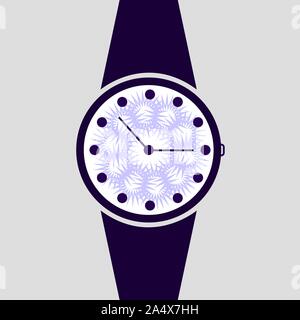 Vector analog clock on a wrist icon. Symbol of time management, chronometer with hour and minute arrow. Simple purple and white illustration isolated Stock Vector