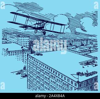 Aerial view of a city. Parcel delivery service biplane flying over the airfield on the roof of the building. Illustration on a blue background Stock Vector