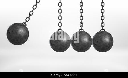 3d rendering of a wrecking ball swinging on white background beside three still hanging balls on white background. Stock Photo