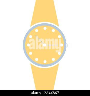 Vector analog clock on a wrist icon. Symbol of time management, chronometer with hour and minute arrow. Simple yellow, white and soft blue illustratio Stock Vector