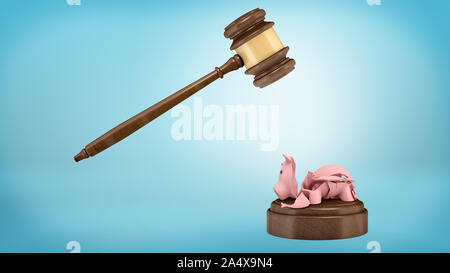 3d rendering of a shards of a broken piggy bank lying on a sound block below a judge gavel. Stock Photo