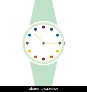 Vector analog clock on a wrist icon. Symbol of time management, chronometer with hour and minute arrow. Simple colorful illustration isolated on white Stock Vector