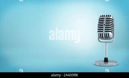 3d rendering of a single silver retro microphone placed on a short support stand on blue background. Stock Photo