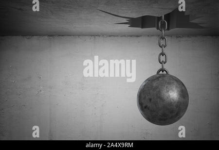 3d rendering of a heavy wrecking ball hangs on its chain from a large uneven ceiling hole. Stock Photo