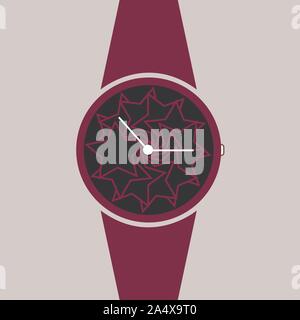 Vector analog clock on a wrist icon. Symbol of time management, chronometer with hour and minute arrow. Simple purple and black illustration isolated Stock Vector