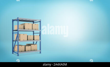 3d rendering of a metal storage rack with three shelves full of closed carton boxes with goods. Stock Photo