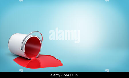 3d rendering of a overturned metal bucket with red paint leaking out in a puddle on blue background. Stock Photo