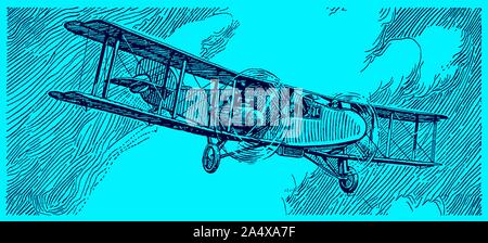 Historical commercial aviation biplane flying in front of a dark cloudy sky. Illustration on a blue background after a lithography from the early 20th Stock Vector