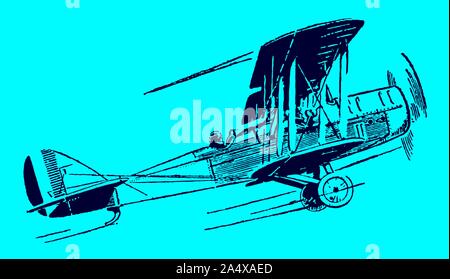 Ascending historical single-engine biplane. Illustration on a blue background after a lithography from the early 20th century. Editable in layers Stock Vector