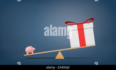 3d rendering of a wooden seesaw on blue background with a small piggybank heavier than a big gift box. Stock Photo