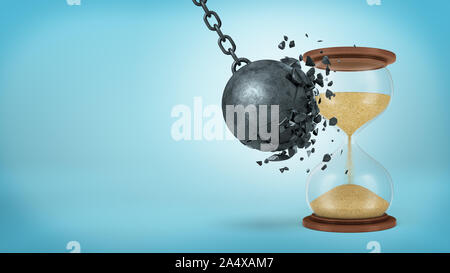 3d rendering of a large black iron wrecking ball breaks when collides with a retro hourglass on blue background. Stock Photo