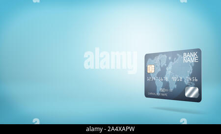 3d rendering of a single blue plastic banking card with generic name information on a blue background. Stock Photo