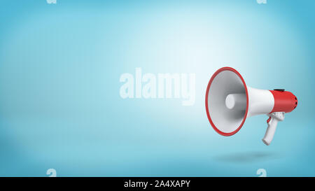 3d rendering of a single red and white electric megaphone with a handle stands on a blue background. Stock Photo