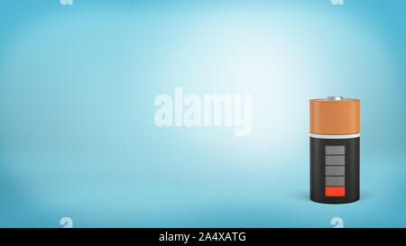 3d rendering of a single large orange and black battery with a low red charge indicator stands on a blue background. Stock Photo