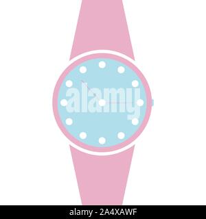 Vector analog clock on a wrist icon. Symbol of time management, chronometer with hour and minute arrow. Simple pink and blue illustration isolated on Stock Vector